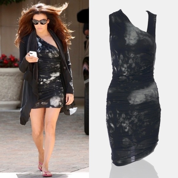 Helmut Lang ‘To Dye For’ Black / Gray Tie Dye Asymmetric Neckline Bodycon Dress - Picture 1 of 14
